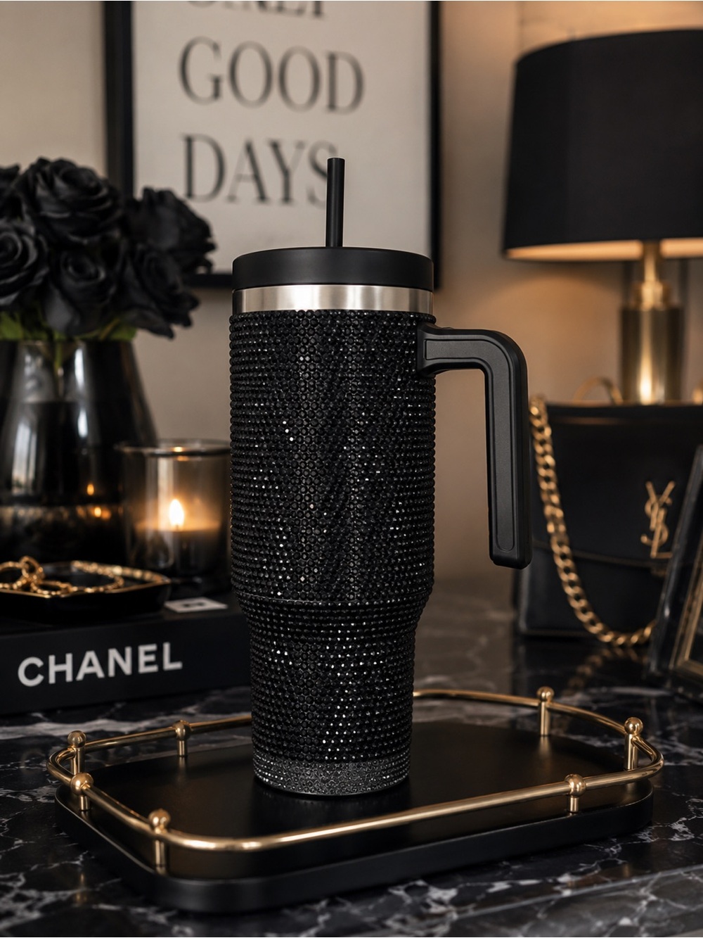 NIB House of Harlow Viral 1960 Arlo 40oz Black Rhinestone Tumbler